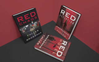 A display of the three books of the Red Hotel Series: Red Hotel, Red Deception, Red Chaos are thrillers written by Ed Fuller and Gar Grossman.